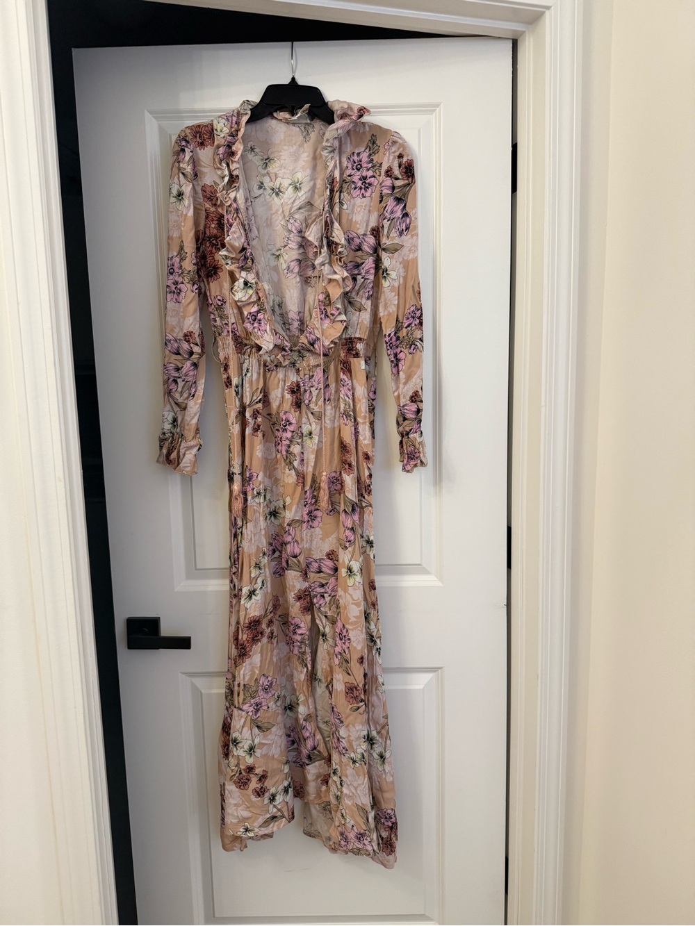 Jaase Beige Floral Ruffle V-Neck Maxi Dress with Pink Accents